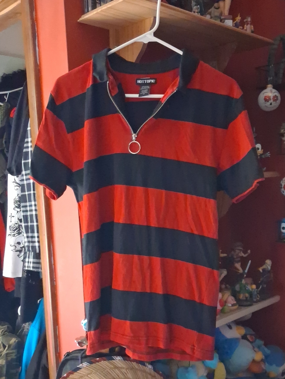 Hot Topic Black and Red Striped Polo Shirt with Zipper